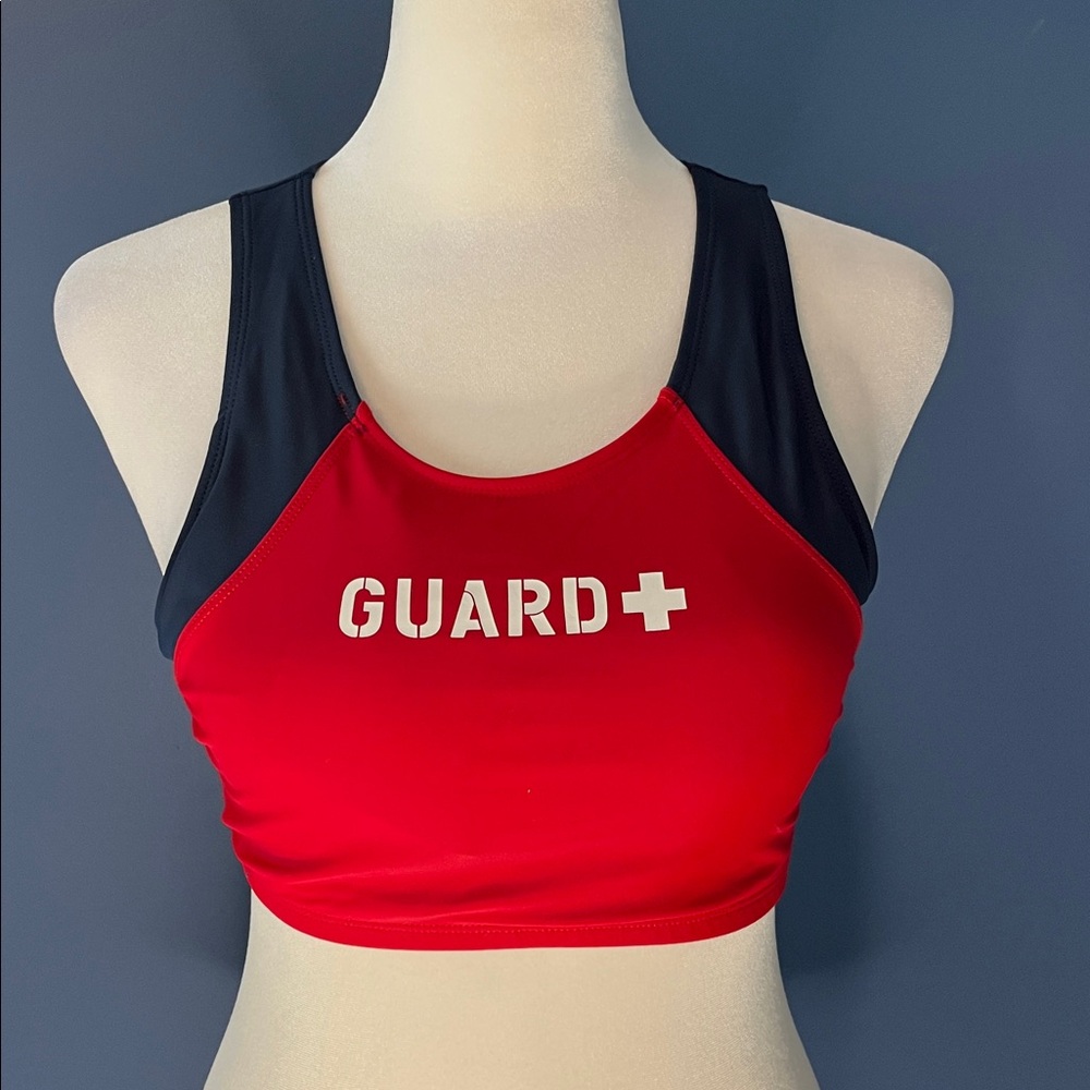 Sporti- womens Lifeguard bathing suit top, navy & red, w white "guard" lettering